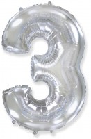 Шар (40''/102 см) Цифра, 3, Серебро, 1 шт.