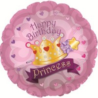 Шар (18''/46 см) Круг, С Днем рождения (корона принцессы), Розовый, 1 шт.