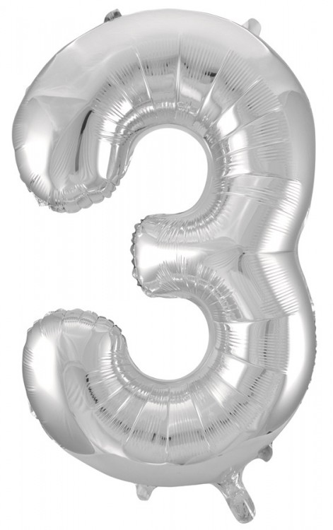 Шар (34''/86 см) Цифра, 3, Серебро, в упаковке 1 шт.