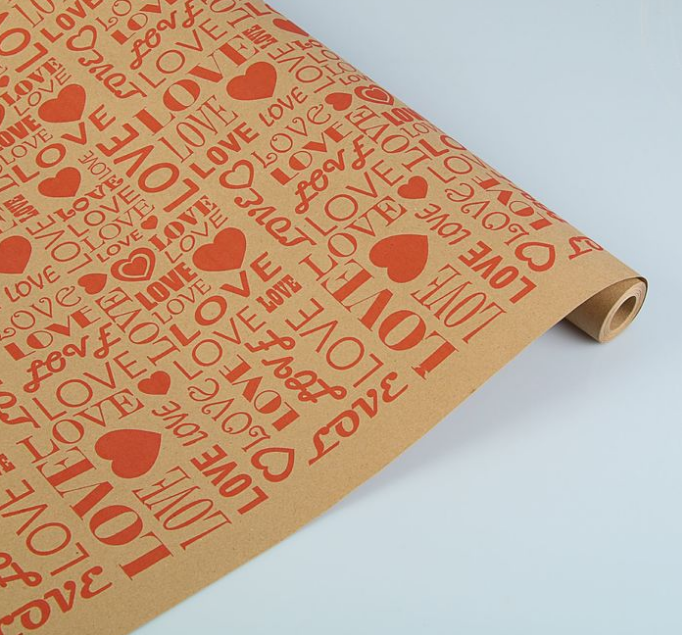 Упаковочная бумага Крафт 78гр (0,7 х 8,5 м) LOVE, Красный, 1 шт