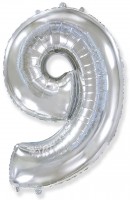 Шар (40''/102 см) Цифра, 9, Серебро, 1 шт.