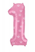 Шар (40''/102 см) Цифра, 1, Slim, Короны, Розовый, в упаковке 1 шт.
