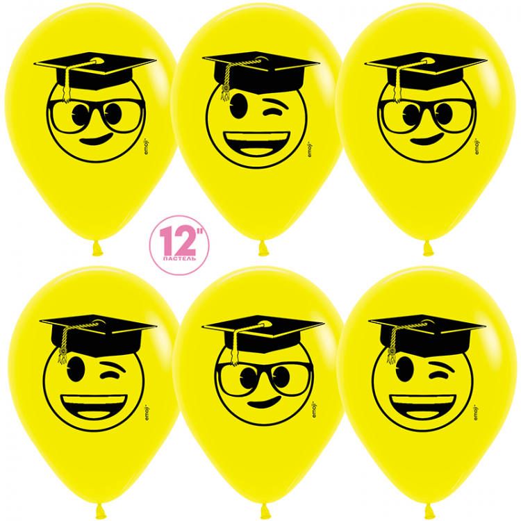 Шар (12''/30 см) Выпускник, Emoji, Желтый (020), пастель, 5 ст, 50 шт.