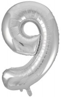 Шар (34''/86 см) Цифра, 9, Серебро, в упаковке 1 шт.