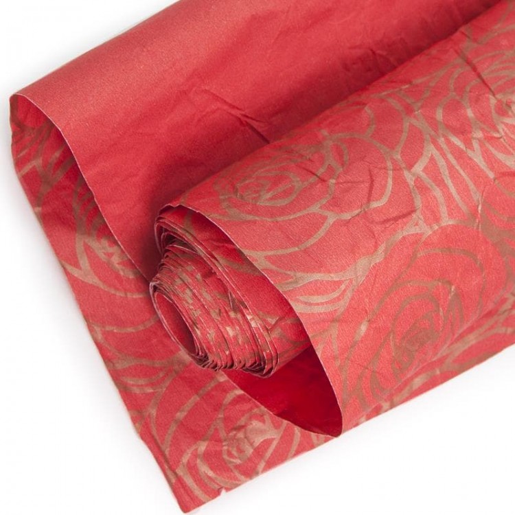 Упаковочная жатая бумага (0,7*5 м) Цветы, Красный/Золото, 1 шт.