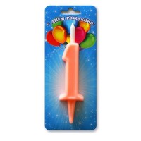 Свеча Цифра 1, Неон, Коралловый, 10 см, 1 шт.