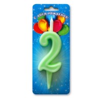 Свеча Цифра 2, Неон, Мятный, 10 см, 1 шт.