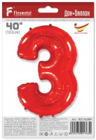 Шар (40''/102 см) Цифра, 3, Красный, в упаковке 1 шт.