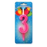 Свеча Цифра 3, Неон, Розовый, 10 см, 1 шт.