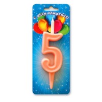 Свеча Цифра 5, Неон, Коралловый, 10 см, 1 шт.