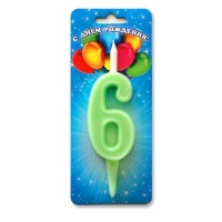 Свеча Цифра 6, Неон, Мятный, 10 см, 1 шт.