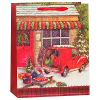 Пакет подарочный, Новогодний (машина с подарками), Красный, 42*31*12 см, 1 шт.