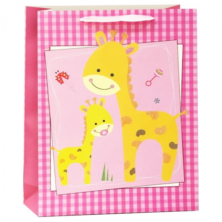 Пакет подарочный, Милые жирафики, с блестками, Розовый, 23*18*10 см, 1 шт.