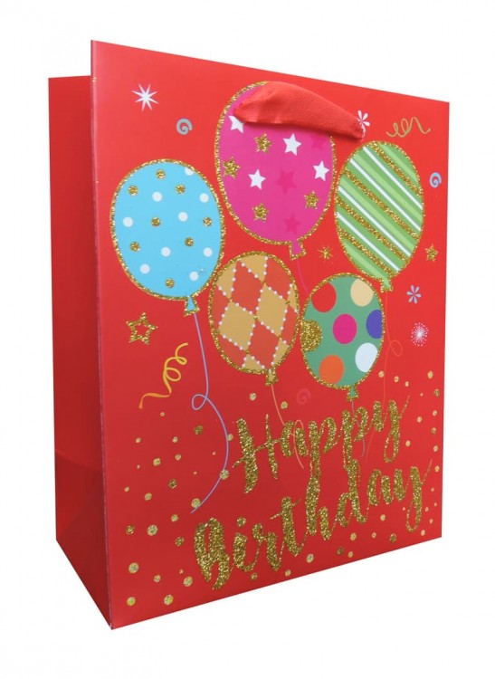 Пакет подарочный, С Днем Рождения (воздушные шарики), Красный, с блестками, 40*30*12 см, 1 шт.