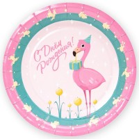 Тарелки (7''/18 см) С Днем Рождения! (фламинго и золотые лягушки), Розовый/Бирюзовый, 6 шт.