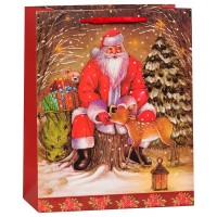 Пакет подарочный, Новогодний (Дед Мороз в лесу), Красный, 42*31*12 см, 1 шт.
