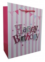 Пакет подарочный, С Днем Рождения (флажки), Розовый, с блестками, 23*18*10 см, 1 шт.