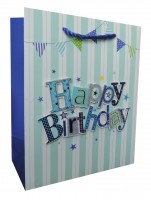Пакет подарочный, С Днем Рождения (флажки), Синий, с блестками, 23*18*10 см, 1 шт.