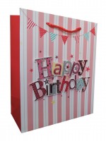 Пакет подарочный, С Днем Рождения (флажки), Красный, с блестками, 23*18*10 см, 1 шт.