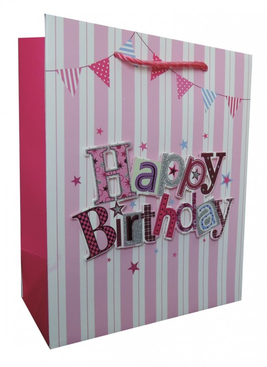 Пакет подарочный, С Днем Рождения (флажки), Розовый, с блестками, 32*26*12 см, 1 шт.