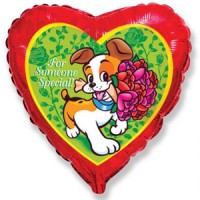 Шар (18''/46 см) Сердце, Собака с букетом, Красный, 1 шт.