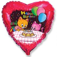 Шар (18''/46 см) Сердце, С Днем рождения (коты с тортом и шариками), Красный, 1 шт.