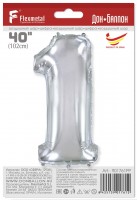 Шар (40''/102 см) Цифра, 1, Серебро, в упаковке 1 шт.