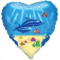 Шар (18''/46 см) Сердце, Морские дельфины, Голубой, 1 шт.