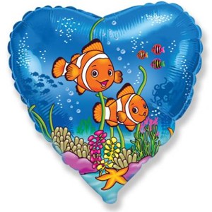 Шар (18''/46 см) Сердце, Друзья рыбы-клоуны, Синий, 1 шт.