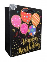 Пакет подарочный, С Днем Рождения (воздушные шарики), Черный, с блестками, 23*18*10 см, 1 шт.