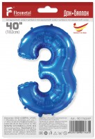 Шар (40''/102 см) Цифра, 3, Синий, в упаковке 1 шт.