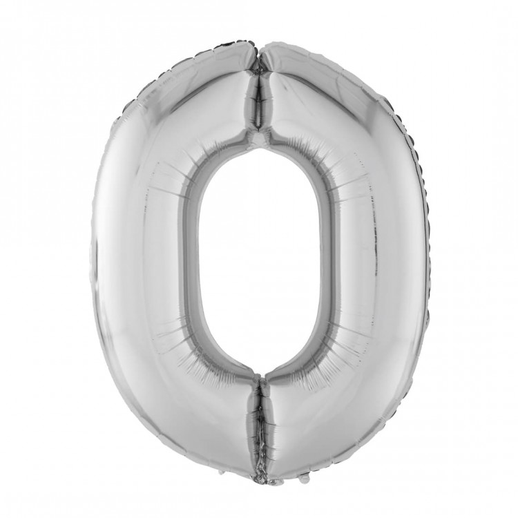 Шар (40''/102 см) Цифра, 0, Серебро, в упаковке 1 шт.