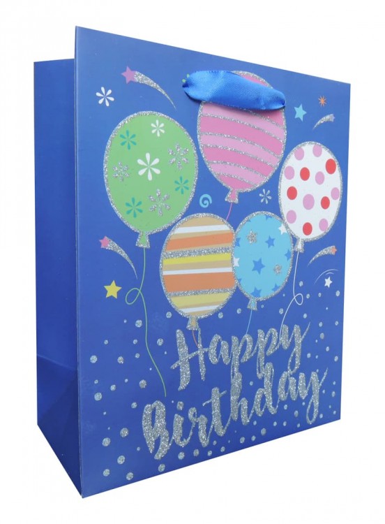Пакет подарочный, С Днем Рождения (воздушные шарики), Синий, с блестками, 23*18*10 см, 1 шт.