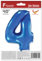 Шар (40''/102 см) Цифра, 4, Синий, в упаковке 1 шт.