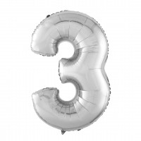 Шар (40''/102 см) Цифра, 3, Серебро, в упаковке 1 шт.