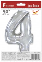 Шар (40''/102 см) Цифра, 4, Серебро, в упаковке 1 шт.