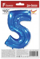 Шар (40''/102 см) Цифра, 5, Синий, в упаковке 1 шт.