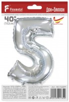 Шар (40''/102 см) Цифра, 5, Серебро, в упаковке 1 шт.