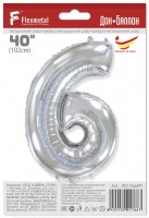 Шар (40''/102 см) Цифра, 6, Серебро, в упаковке 1 шт.