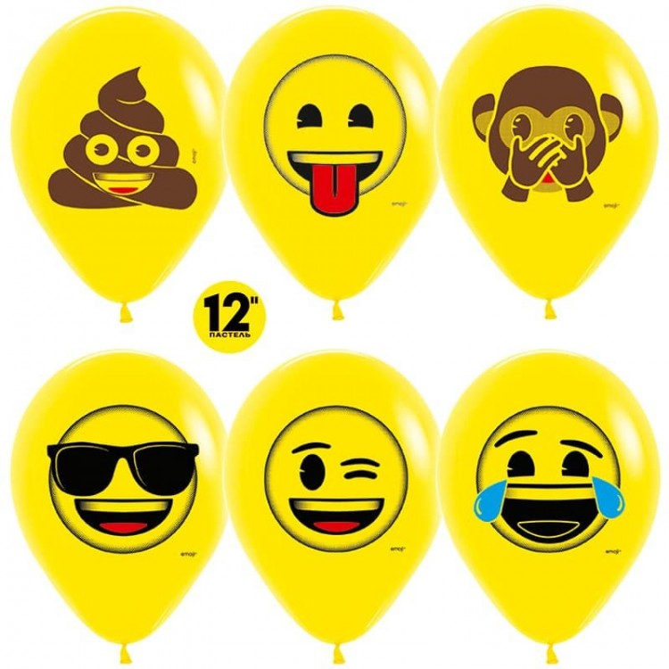 Шар (12''/30 см) Смайлы, Emoji (Озорные), Желтый (020), пастель, 2 ст, 50 шт.
