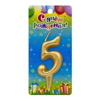 Свеча Цифра 5, Золото, 6 см, 1 шт.