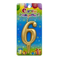 Свеча Цифра 6, Золото, 6 см, 1 шт.