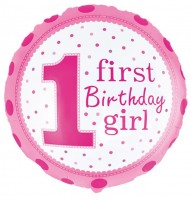 Шар (18''/46 см) Круг, 1-й День рождения девочки (точки), Розовый, 1 шт.