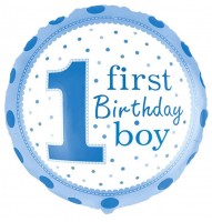 Шар (18''/46 см) Круг, 1-й День рождения мальчика (точки), Голубой, 1 шт.