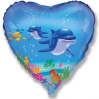 Шар (18''/46 см) Сердце, Счастливый дельфин, Голубой, 1 шт.