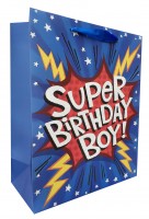 Пакет подарочный, Супер День Рождения (для мальчика), Синий, с блестками, 23*18*10 см, 1 шт.
