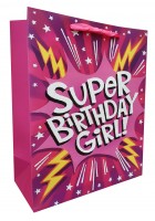 Пакет подарочный, Супер День Рождения (для девочки), Розовый, с блестками, 32*26*12 см, 1 шт.