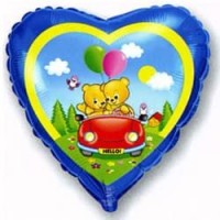 Шар (18''/46 см) Сердце, Влюбленные мишки в машине, Синий, 1 шт.
