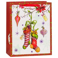 Пакет подарочный Новогодний (бусы и игрушки), Красный, 26*32*12 см