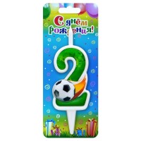 Свеча Цифра 2, Футбольный мяч, 10 см, 1 шт.
